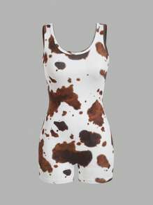 SHEIN EZwear Western Music Festival Cow Print Form-Fitting Romper, Summer - Multicolor - View 7