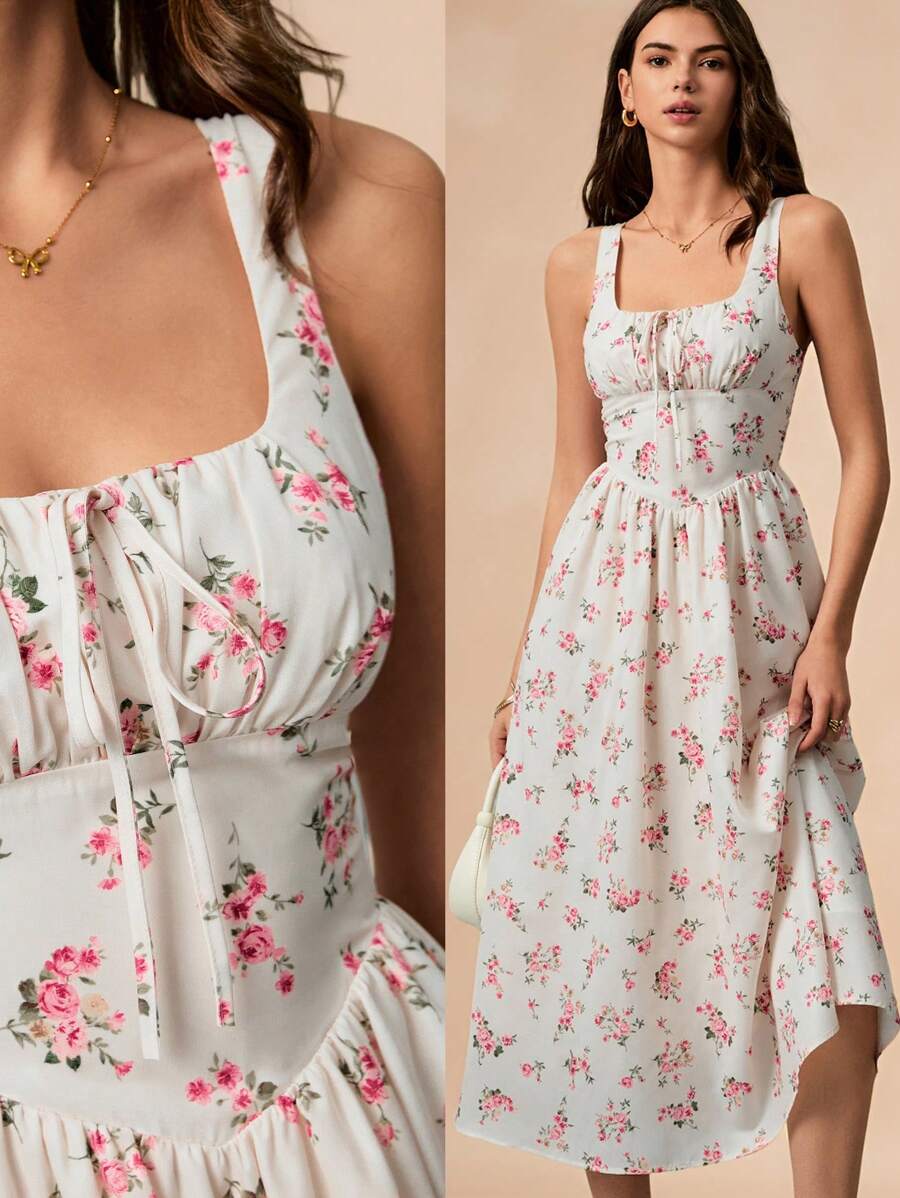 Poéselle Women's Summer Square Neck Sleeveless Ditsy Floral Dress, Wedding Vacation Outfit, Brunch Tea Party Dress - Pink - View 1