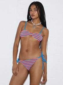 COUREZ Velour Stripe Top With Tie Side Bottoms Bikini Set /Summer Beachwear Vacation Outfits/Y2K Holiday Resort Vintage - Multicolor - View 3