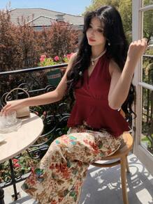 DAZY Conjunto de 2 piezas para mujer: Camiseta sin mangas con cuello en V y volante en el bajo, y falda con estampado floral - Burdeos - Ver 1