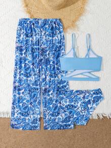 Tween Girls 3-Piece Swimsuit Set With Cover Up Pants, Suitable For Summer - Multicolor - View 2