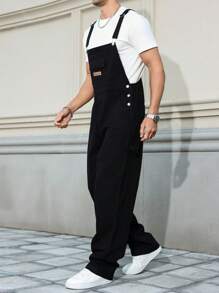 Manfinity Homme Men's Plus Size Black Denim Overalls: Sleeveless Strap Neckline Long Jumpsuit With Pockets - Black - View 7