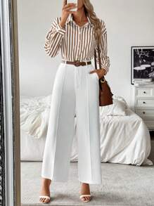 Pariaura 蓝白条纹Polo衫搭配直筒白裤，休闲简约搭配套装 - 卡其色 - 查看 5