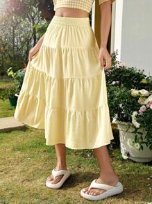 SHEIN Unity Women's Solid Color Elastic Waist Layered Maxi Skirt, Suitable For Vacation