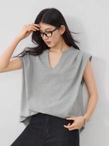 Dazy-Less Camiseta informal de mujer de cuello en V y manga corta suelta con unicolor y diseño plisado, estilo "Old Money" para el verano