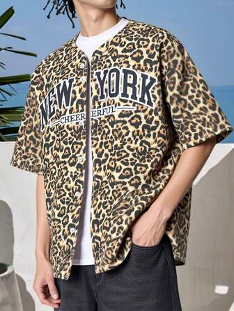 Street Life Herren Mode Leoparden Muster NEWYORK Grafik Lässig Hemd