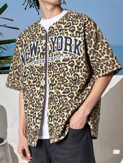 Chemise décontractée pour hommes avec imprimé léopard et graphique NEWYORK