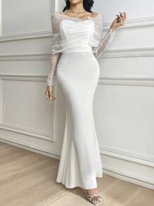 Modelyn Women's Lace Patchwork Asymmetrical Sleeve Dress