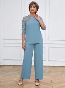 Miaspire Bộ đồ nữ thanh lịch màu trơn, thêu sequin, phối lưới, tay dài và quần dài, màu xanh dương, kiểu dáng thường ngày, thích hợp cho mùa xuân hè. - Màu xanh nhạt - Xem 2