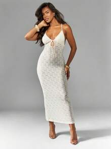 MISSGUIDED Textured Knit Midaxi Dress Tie Front Spaghetti Strap Cross Back Bodycon Summer Evening Party Special Occasion Form Fitting - White - View 1