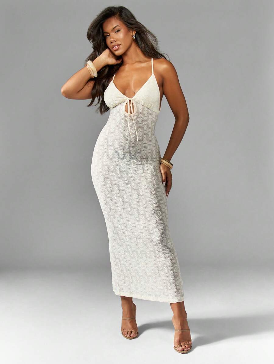 MISSGUIDED Textured Knit Midaxi Dress Tie Front Spaghetti Strap Cross Back Bodycon Summer Evening Party Special Occasion Form Fitting - White - View 1