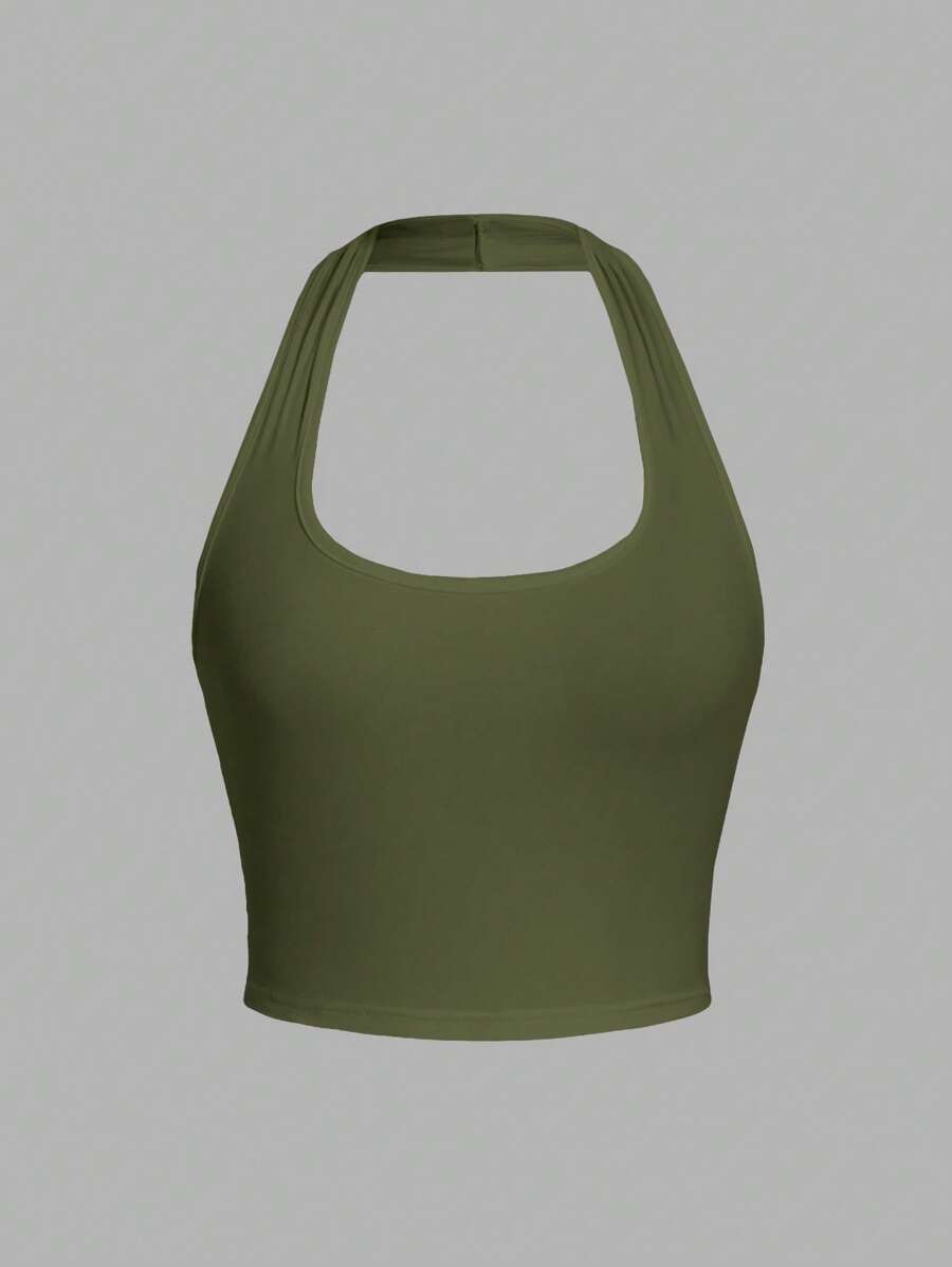 SHEIN EZwear Áo ba lỗ cổ yếm bó sát thường ngày màu xanh quân đội dành cho nữ, phù hợp cho mùa hè - xanh quân đội - Xem 1