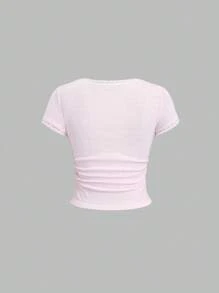 Sweetra 纯色甜美蕾丝边优雅复古风格修身 T 恤衬衫，带花卉贴花，适合女士 - 粉色 - 查看 2