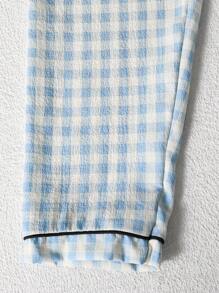 青少年男童两件套睡衣套装 - 格子皱褶印花撞色边舒适短袖衬衫和裤子家居服 - 藍白色 - 查看 4