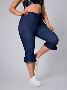 SHEIN Essnce Plus Size Women Batik Print Ruffle Hem Skinny Stretchy Knit Apple Bottom Casual Jeans