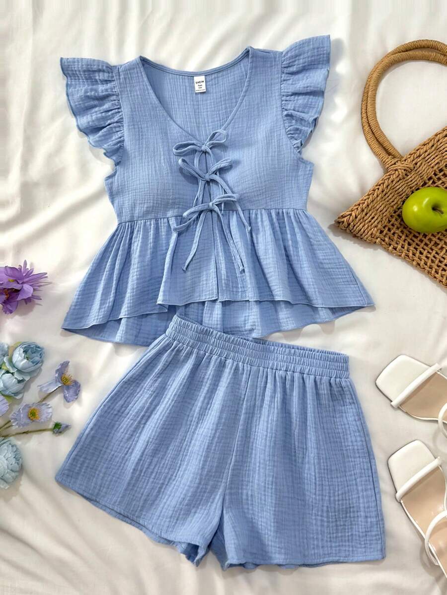 SHEIN Conjunto de top con chaleco de cárdigan con volantes y lazos y shorts de línea A con cintura con lazo, de color azul texturizado, suave y amigable con la piel, para adolescentes, ropa de verano, atuendos de vacaciones, atuendos de playa, ropa de estar en casa, vacaciones en el campo