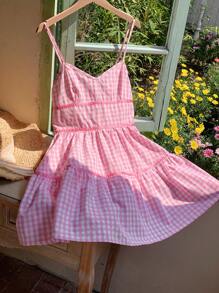 Comfortcana Váy ngắn họa tiết kẻ caro cho nữ, thời trang cho mùa hè - Hồng - Xem 6