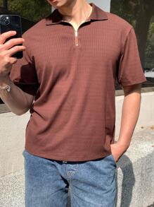 SHEIN Camisa polo marrón de ajuste minimalista y texturizado para niños adolescentes, de estilo casual escolar, cómodo y de moda, versátil para uso diario, escuela, viajes, deporte, vacaciones en la playa