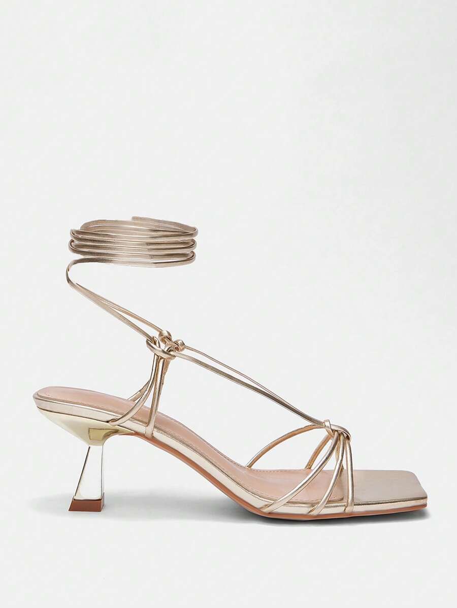 CUCCOO CURVES 大码女式露趾蝴蝶结细带高跟凉鞋，性感时尚 - 金色 - 查看 1