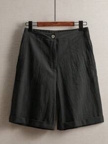 SHEIN JORESS Pantalones cortos de lino sólidos, holgados, casuales y versátiles con bolsillos para mujer