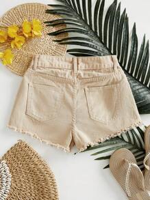 SHEIN Essnce Quần short denim giản dị có viền tua rua có túi dành cho nữ - Màu Khaki - Xem 2