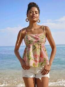 Travachic Women's Boho Tropical Print Woven Fabric Tank Top With Ruffle Hem And Spaghetti Straps - Pink - View 1
