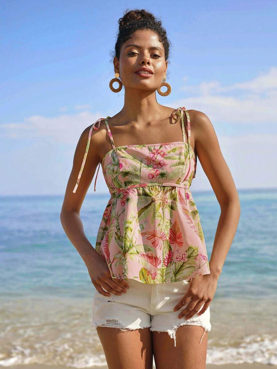 Travachic Women's Boho Tropical Print Woven Fabric Tank Top With Ruffle Hem And Spaghetti Straps - Pink - View 1