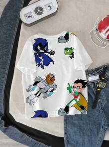 Teen Titans Go X SHEIN Young Boys Cute Cartoon Pattern Round Neck Short Sleeve T-Shirt, Summer Casual - White - View 2