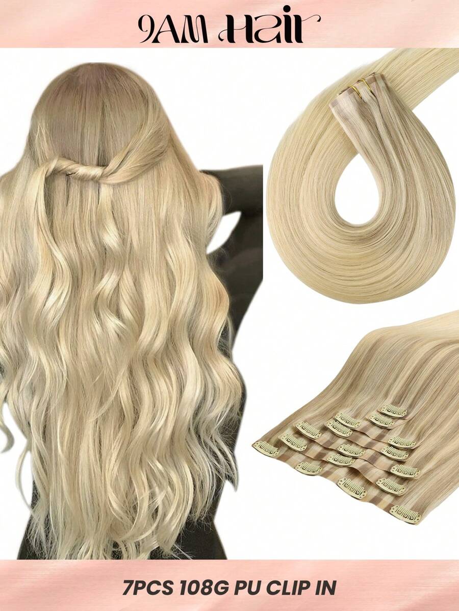 Seamless Clip Ins 7PCS Seamless PU Clip In Human Hair Extensions 100% Real Human Hair 14-22 Inch Balayage Ombre Blonde Color Skin Weft Remy Hair Extensions 110G With Clip - S17/22/60 - View 1