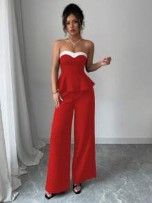 Elenzga Women's Contrast Color Bandeau Top With Ruffle Hem And Pants Fashionable 2 Pieces Set - Red - View 5