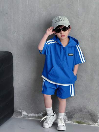 SHEIN 2pcs/Set Toddler Boys' Casual, Fashionable And Practical Hoodie With Short Sleeve T-Shirt And Shorts Set In Green, Soft And Comfortable, Suitable For Spring And Summer, Everyday, Sports, Outings, School, Parties, Holidays, Performances, And Photography