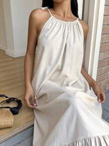 SHEIN EZwear 女式纯色荷叶边下摆吊带连衣裙 - 杏色 - 查看 1