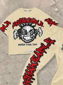 SHEIN Leap Crew 2pcs/Set Teen Boy Casual Round Neck Printed T-Shirt & Bell Bottom Sweatpants Set, Suitable For Spring & Summer - Multicolor - View 4