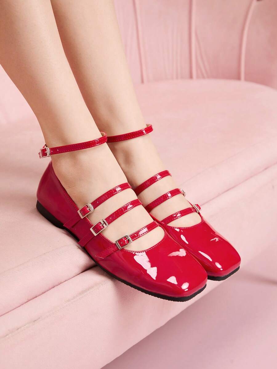 CUCCOO DOLLMOD Women Red Stripe Metal Buckle Flat Loafers - Red - View 1