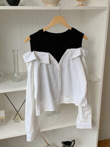 DAZY Women Color Block Long Sleeve Off Shoulder Blouse Summer - White - View 7