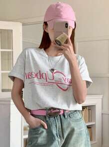 DAZY Women's Casual Slogan Print Short Sleeve T-Shirt, Summer Cute Tops