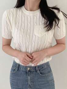 DAZY Women's Solid Color Cable Knit Round Neck Short Sleeve Cropped White Knit Top - White - View 6