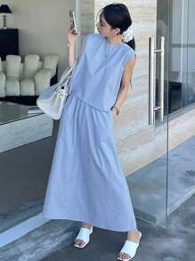 DAZY 2pcs/Set Women Solid Color Tank Top & Skirt, Business Casual