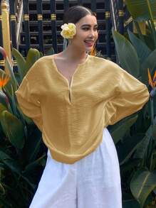 Livesso 女士纯色宽松长袖圆领休闲假日夏季衬衫学院风上衣