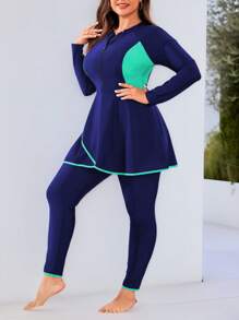 Swim Mulvari Đồ bơi Burkini họa tiết ngẫu nhiên cỡ lớn cho nữ tay dài & quần dài phong cách Trung Đông bảo thủ - Màu xanh hải quân - Xem 4