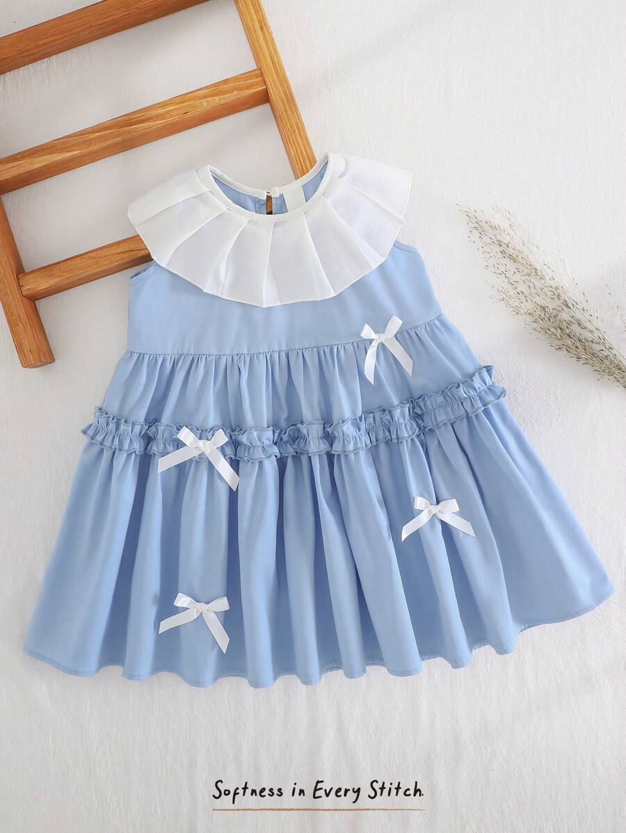 Cozy Pixies Vestido sin mangas con volantes en el bajo y lazo decorativo para niña bebé, con contraste de color - Multicolor - Ver 1