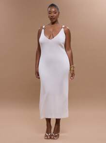 MUSERA Plus Plunge V Neck Ring Shoulder Detail Knit Fitted Maxi Dress Graduation Sexy Cute Elegant Holiday Evening Party Elegant - Cream - View 4