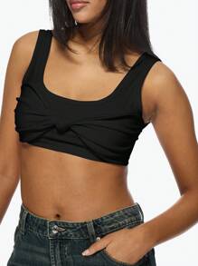 MISSGUIDED Débardeur court avec torsion devant, style de soutien-gorge de sport pour le sport, la danse, le yoga, activité de base. Idéal pour l'été et le printemps - Noir - Voir 6