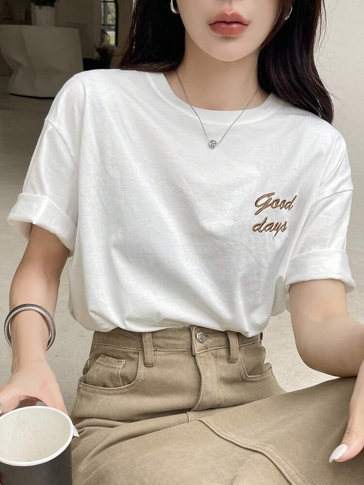 Women Embroidered Letter Short Sleeve T-Shirt Summer
