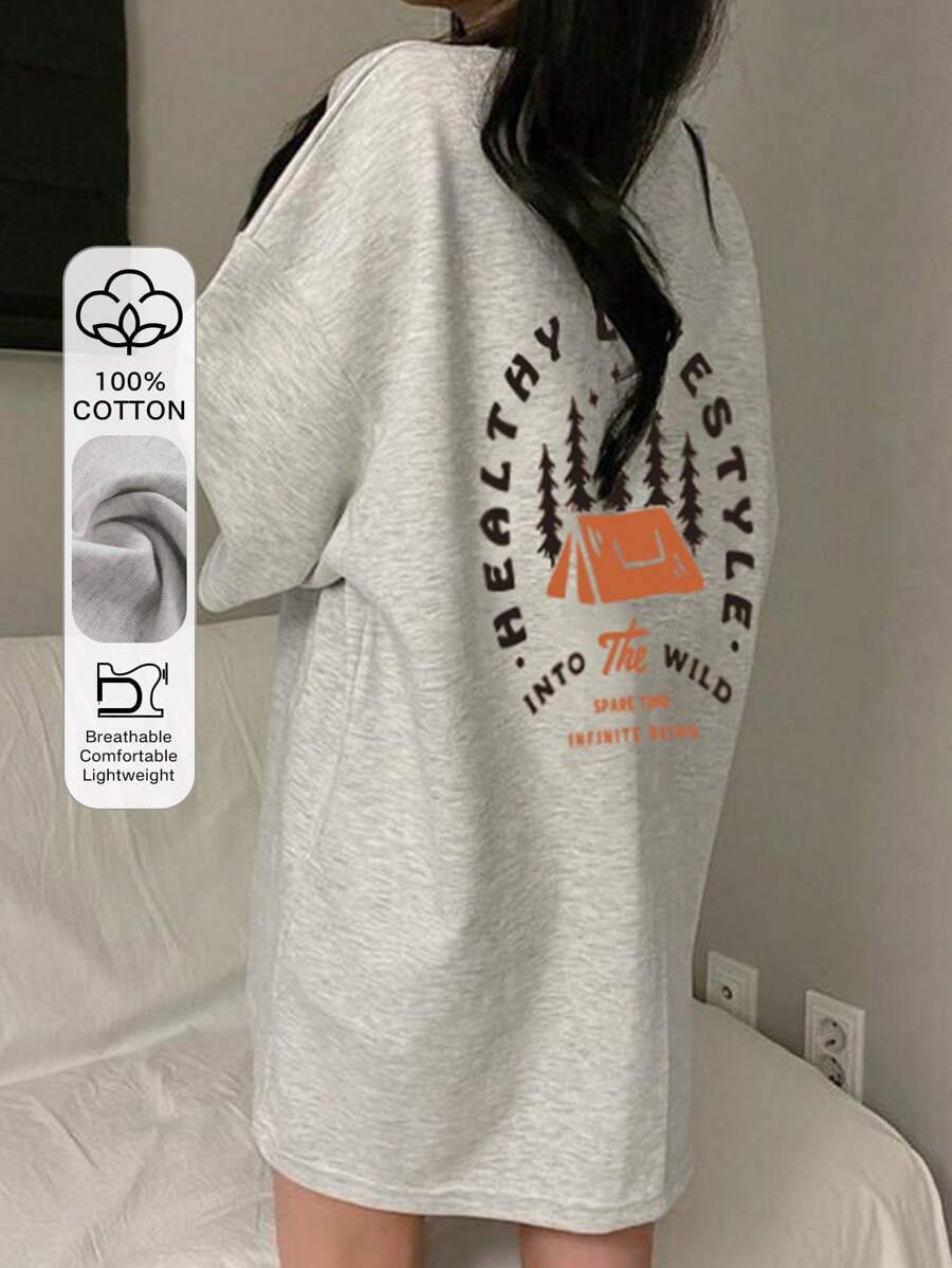 DAZY Camiseta holgada de manga corta y larga con estampado para mujer, camiseta de verano oversize, camisetas gráficas - Gris Claro - Ver 1
