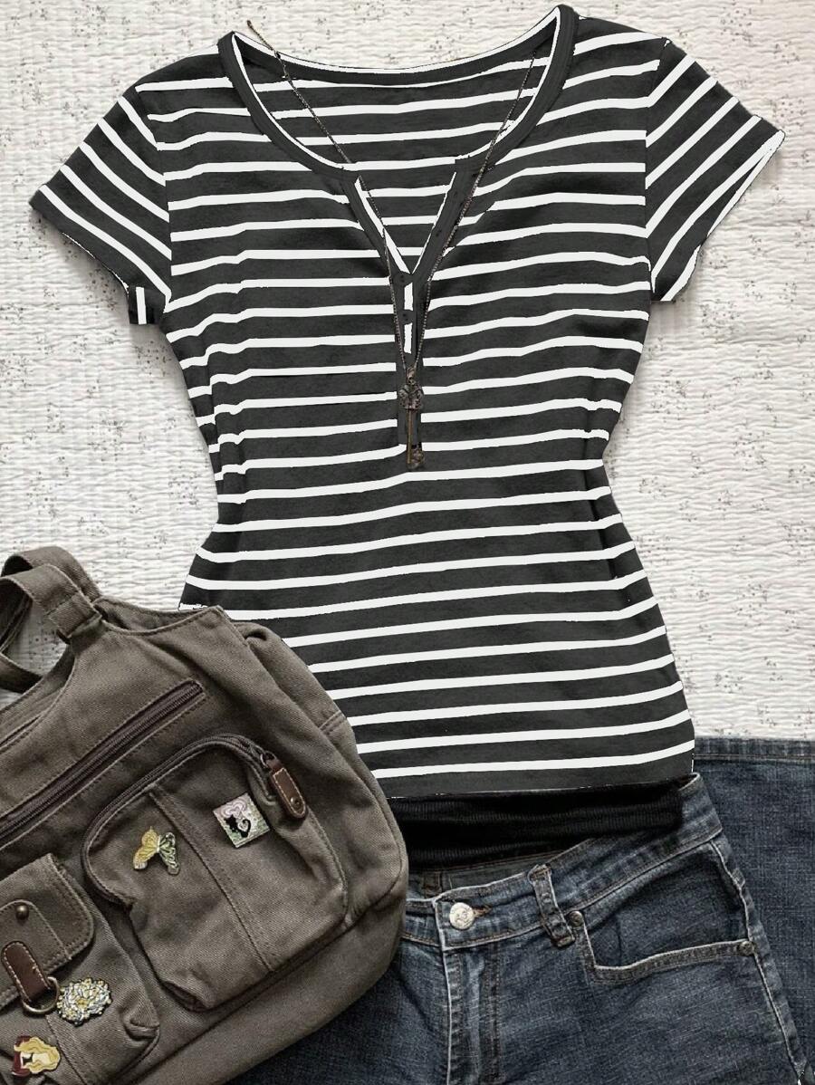 Chiquease Women's Casual Chic Button Placket Striped Short Sleeve T-Shirt - Black - View 1
