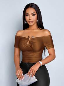 SOLERSUN Damen einfarbiges Off-Shoulder Slim Fit T-Shirt mit kurzen Ärmeln und Raffungen