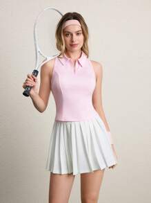 CourtClass Polo de malla sin mangas con cremallera frontal, liso, para yoga y gimnasio, de mujer