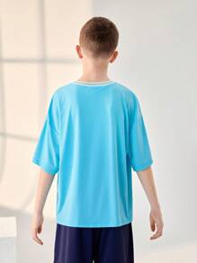JNSQ Back To School Outdoor Sports Short Sleeve T-Shirt, Kids Contrast Color Round Neck Funny Letter Print Tee - Blue - View 3