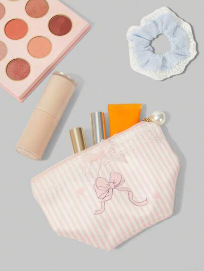 Kawaii 2 pièces/set Mignonne bourse compacte à monnaie/sac à cosmétiques et élastique à cheveux avec motif de cœur rayé rose et nœud en dentelle